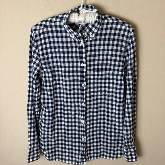 J.Crew Classic Fit Button Down Shirt Womens 4 Crinkle Gingham Navy Top AW251 - Picture 1 of 8